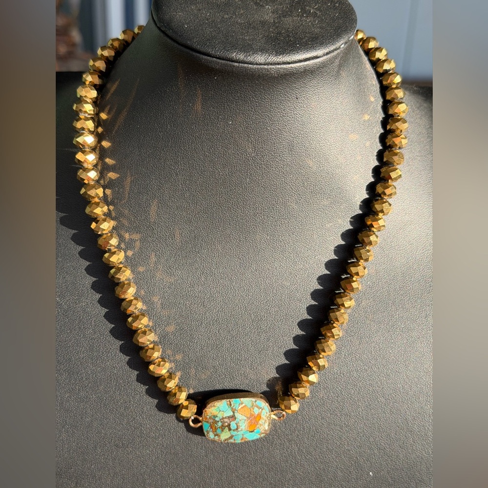 Golden Crystal and Faux Turquoise Beaded Necklace 16” - Picture 3 of 7